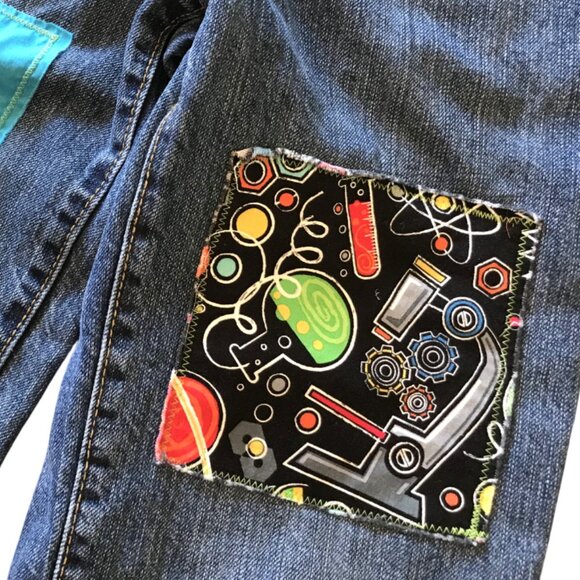 Boy’s Upcycled Patch Jeans, Size 10: Handmade Colorful Science Theme Patchwork - Picture 4 of 11